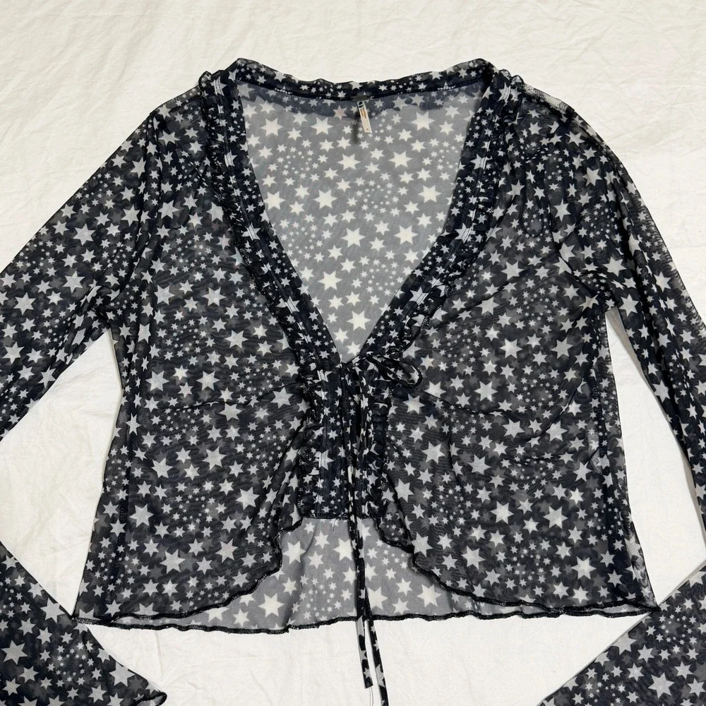 Free People Marne Star Sheer Mesh Top Women Small Black White Celestial Festival